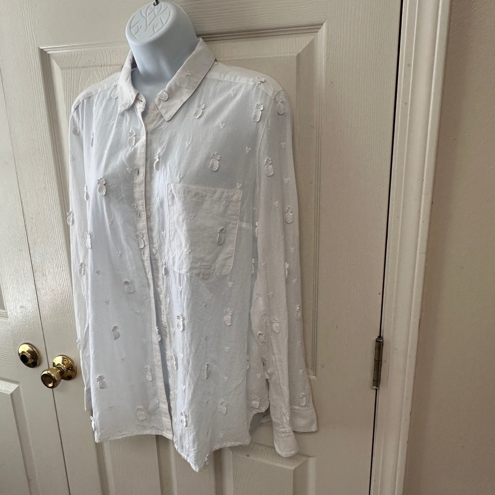 Anthropologie Maeve Sheer Cotton Classic Embroidered Pineapple Button Shirt 14 - Picture 5 of 9